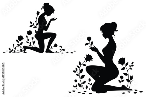 Two black silhouettes of women kneeling with roses