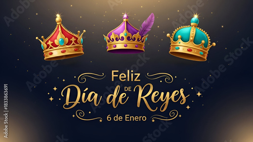 Epiphany celebration festive royalty crowns for dia de reyes holiday illustration with golden light and traditional symbol of three kings day cultural event for seasonal greeting theme
