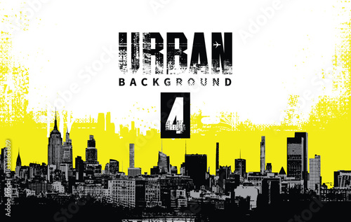 Abstract vector banner on theme urbanism and street art on the background of geometric architecture, silhouettes of skyscrapers of the big city in grunge style. T-shirt design. No ai 
