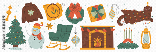 Xmas items set. Christmas tree. Festive wreath, candy, snowman, sweater, fireplace, cat, garland. New year decorations. Winter holiday decor. Flat. Vector Stock Illustration