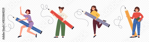 Various people with a giant Pencils. Cute student girl standing with a large pencil. Business Woman holds big pencil. Copywriting and blogging concept. Vector stock illustration.