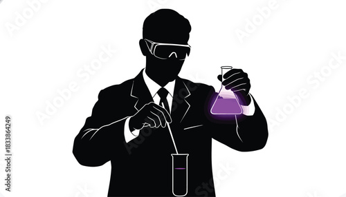Silhouette of a scientist conducting an experiment mixing chemicals in a lab illustration for scientific research and development