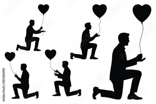 Black silhouette men kneeling with heart balloons male