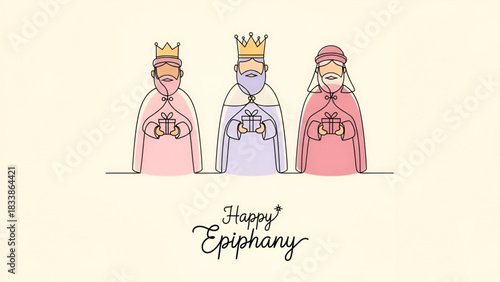 Epiphany illustration featuring three kings holding gifts in soft pastel style representing dia de reyes tradition with minimal artistic design emphasizing festive celebration concept artwork vector
