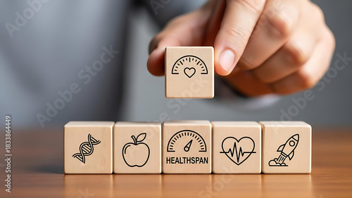 Boosting healthspan and longevity, wellness concept with icons on wooden blocks, focus on healthy living, science of aging, and extending active lifespans naturally