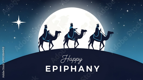 Epiphany celebration with three kings journey under radiant star in night sky creating symbolic festive scene of dia de reyes tradition with noble silhouettes carrying gifts toward holy destination