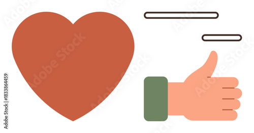 Heart beside thumbs up, showing appreciation and positive feedback. Ideal for love, support, positivity, encouragement, emotions, relationships and communication concepts. A simple flat metaphor
