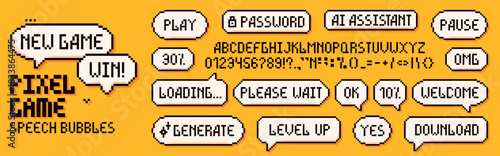 Pixel art set of speech bubbles and alphabet for replacing words on yellow background.