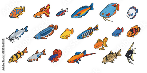 Aquarium Tropical Fish Clipart Set – Betta, Guppy, Neon Tetra, Goldfish, Angelfish, Molly, Barb, Gourami, Cute Vector Illustrations