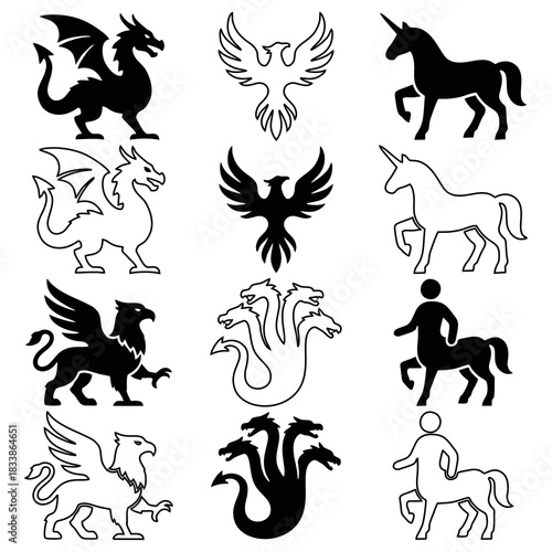 Mythological creature silhouette and outline icon set. Vector collection of fantasy beasts
