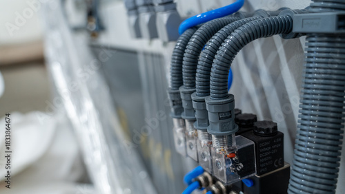 Industrial electrical installation with flexible conduits and connectors on control panel