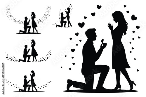 Couple proposal silhouette with hearts engagement love