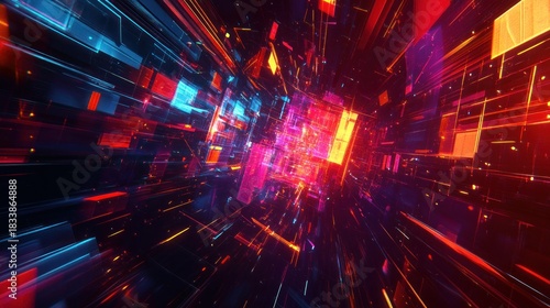 Abstract digital tunnel of vibrant blocks and light streaks