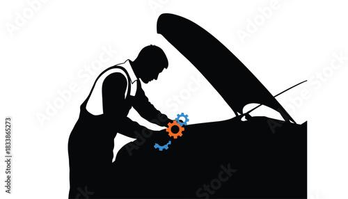 Silhouette of a mechanic repairing a car engine with gears illustration for automotive service and maintenance concepts isolated on white