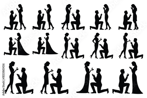 Couple proposing marriage with ring silhouettes proposal