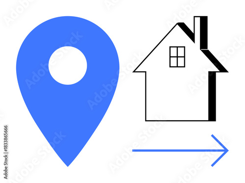 Navigation, relocation, home search, maps, travel planning, real estate services. Blue location pin, house icon arrow direction. Navigation and relocation concept for travel and housing