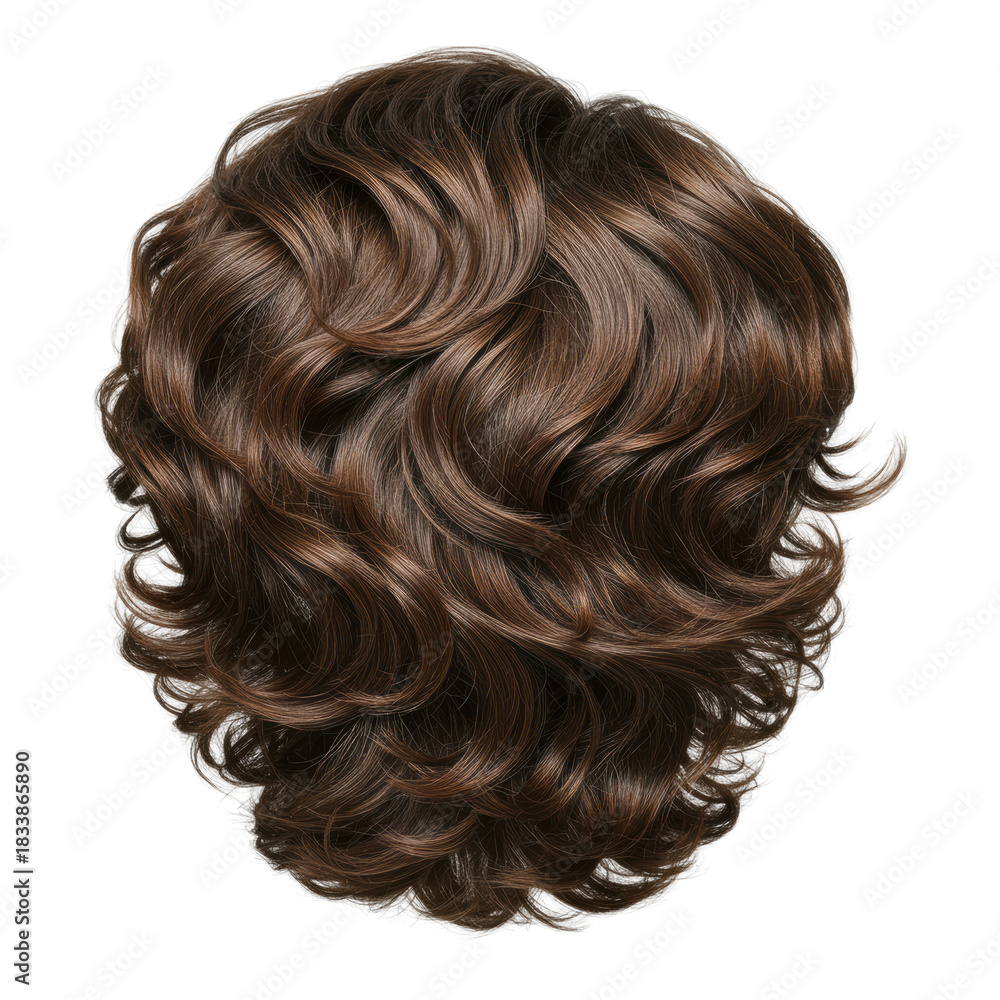 Naklejka premium Man's wavy, medium-length, brown hair, artfully tousled with defined texture, subtle healthy sheen, delicate highlights, extreme close-up on shadowless transparent background, concept for hair product
