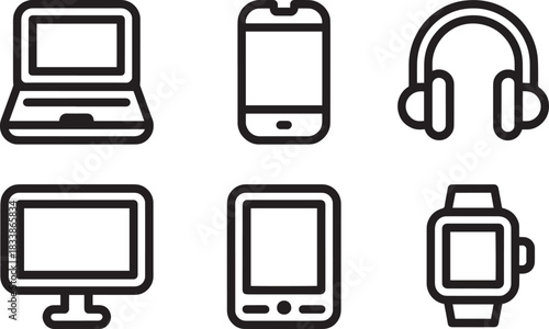 Collection of outline technology device icons including laptop smartphone monitor tablet and watch