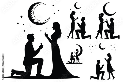 Couple proposal silhouettes with moon and stars engagement