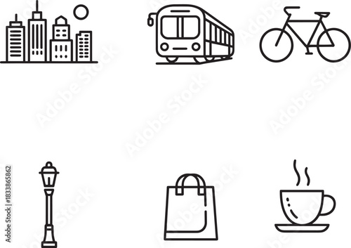 Daily routine and infrastructure line icons featuring city architecture tram bicycle street lamp shopping and drink symbols