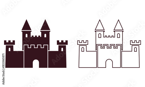 Two stylized castle silhouettes one solid dark brown and one outlined in black on a white background