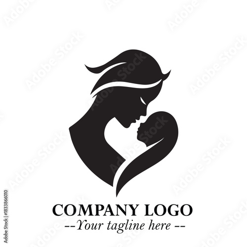 Mom and Baby Logo Symbol in Black on White Background for Gentle Minimalist Branding Design Art
