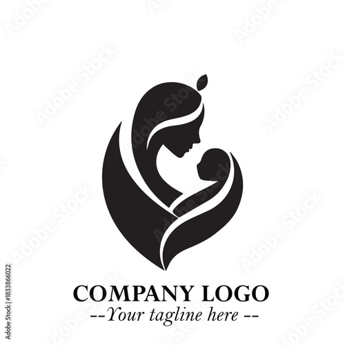 Mom and Baby Logo Symbol in Black on White Background for Gentle Minimalist Branding Design Art