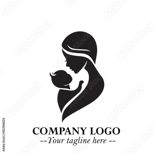Mom and Baby Logo Symbol in Black on White Background for Gentle Minimalist Branding Design Art
