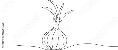 Single line drawing of a whole onion with green sprouts