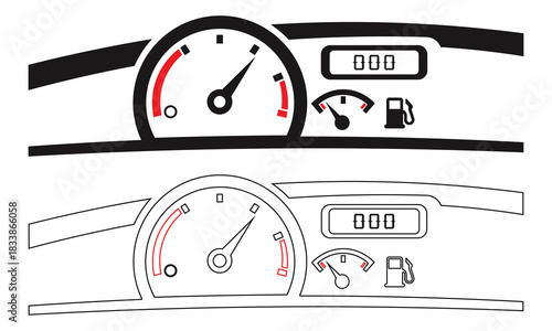 Close up view of a car dashboard with speedometer and fuel gauge in both color and line art illustration