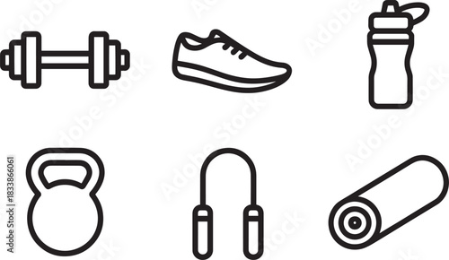 Gym equipment icon set dumbbell sneaker water bottle kettlebell jumping rope and yoga mat outline