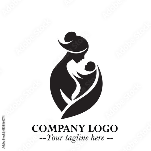 Mom and Baby Logo Symbol in Black on White Background for Gentle Minimalist Branding Design Art