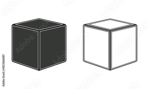 Two abstract geometric rectangular prisms shown side by side one solid dark and one outlined