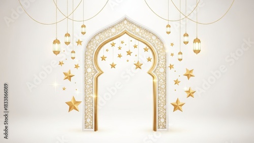 Golden islamic archway with hanging lanterns and stars on a white background