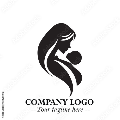 Mom and Baby Logo Symbol in Black on White Background for Gentle Minimalist Branding Design Art