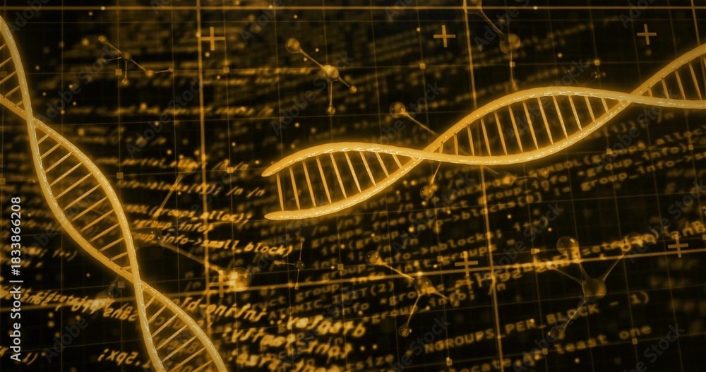 Naklejka premium Floating golden DNA double helix centering in digital interface, with formulas and grid