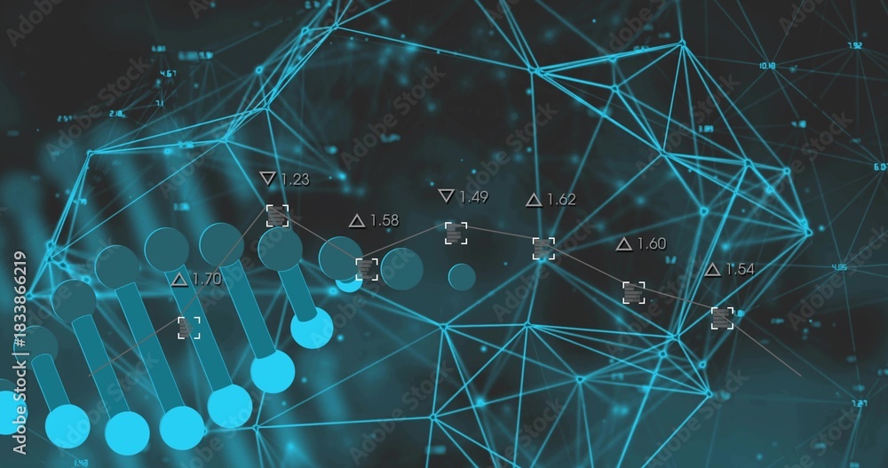 Naklejka premium Animating centered network in virtual space, with glowing nodes, lines, helix bars, numeric labels