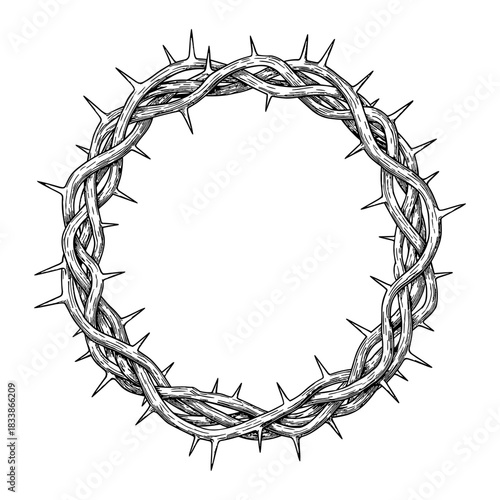 Crown of thorns in detailed black and white line art