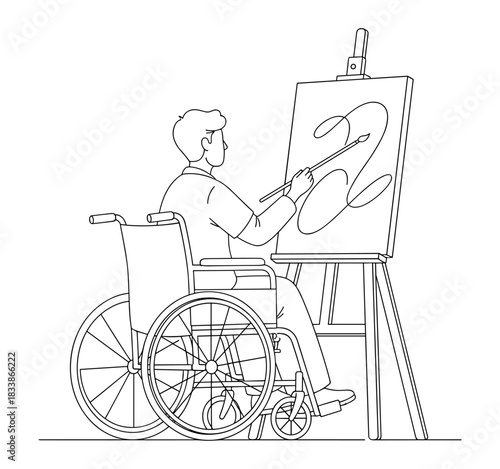 Artist in wheelchair painting on easel