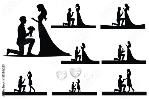 Silhouette wedding proposal scenes with ring and flowers