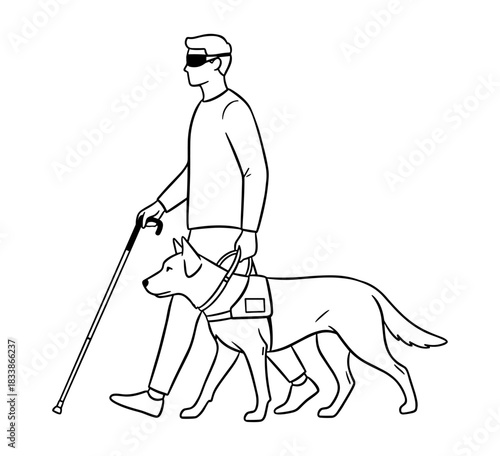 Blind man walking with guide dog and cane