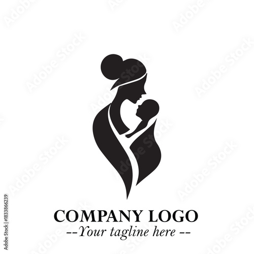 Mom and Baby Logo Symbol in Black on White Background for Gentle Minimalist Branding Design Art