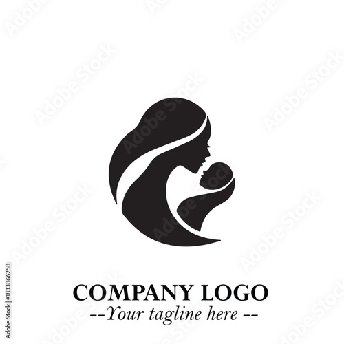 Mom and Baby Logo Symbol in Black on White Background for Gentle Minimalist Branding Design Art