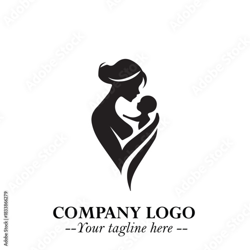 Mom and Baby Logo Symbol in Black on White Background for Gentle Minimalist Branding Design Art