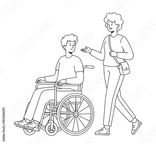 Man in wheelchair walking with companion