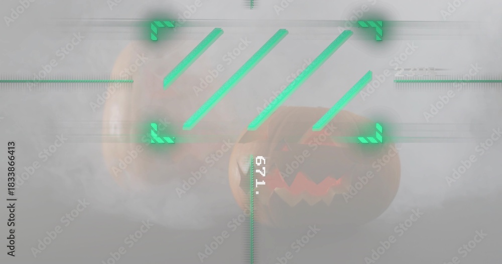 Fototapeta premium Displaying pair of carved pumpkins glowing in gray studio, with fog and neon-green HUD readout 671