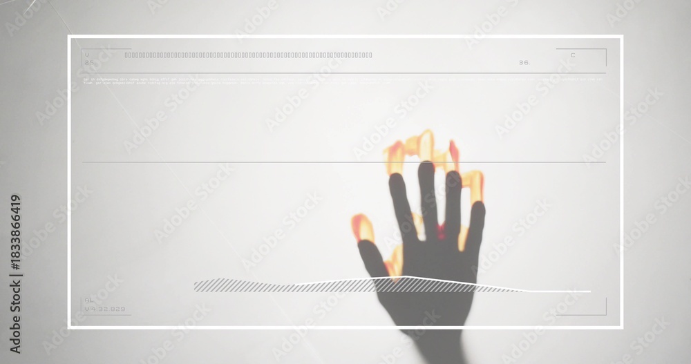 Naklejka premium Casting single hand shadow creating orange-yellow fingertip glow in studio on screen, HUD overlay