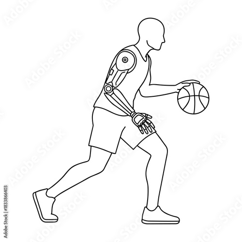 Athlete with prosthetic arm dribbling basketball