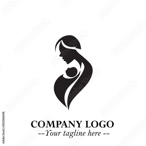 Mom and Baby Logo Symbol in Black on White Background for Gentle Minimalist Branding Design Art