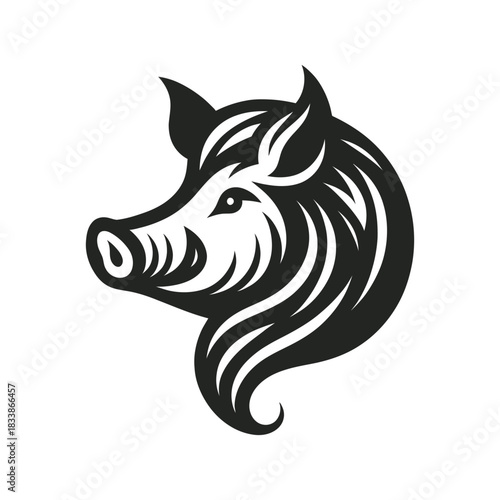 Bold wild boar head icon in black silhouette style, featuring tribal lines and strong animal expression, perfect for logo design, emblem, mascot, tattoo concept, or vector illustration